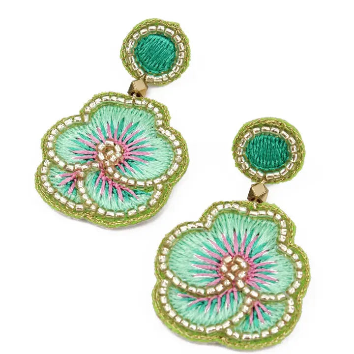 Mint Green Pansy Drop Beaded Earrings