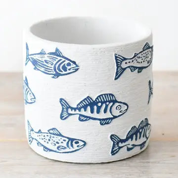 Blue & White Fish Design Planter, 14cm