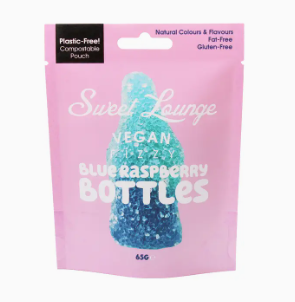 Vegan Fizzy Blue Raspberry Bottles (Plastic-free) 65g