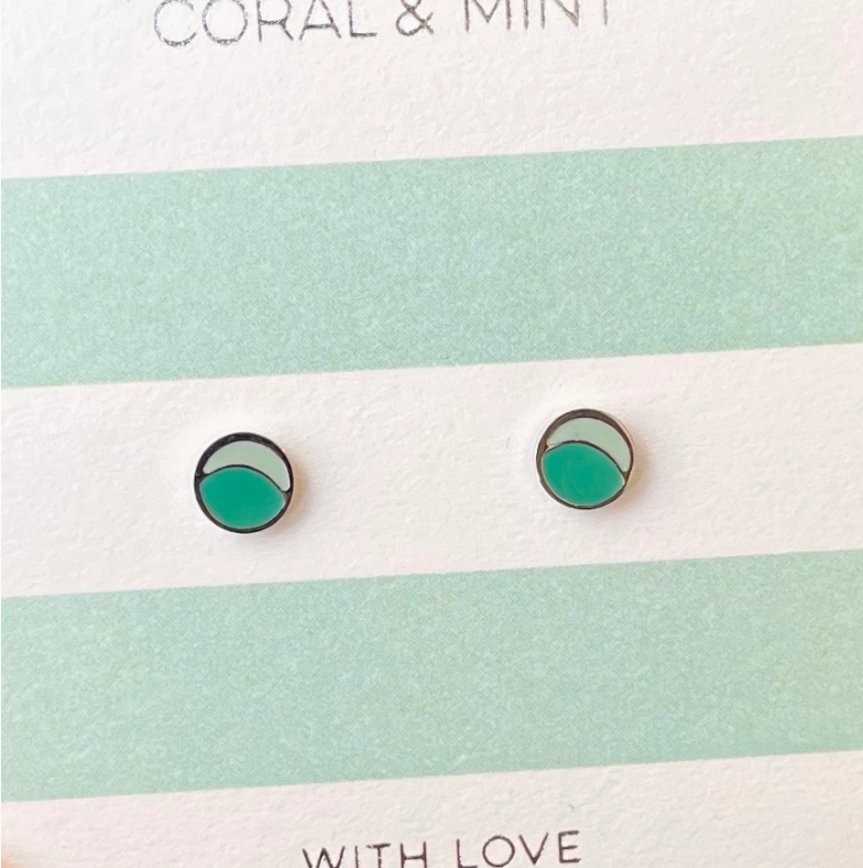 Duo Circle Stud Earrings - Light and Dark Mint Enamel