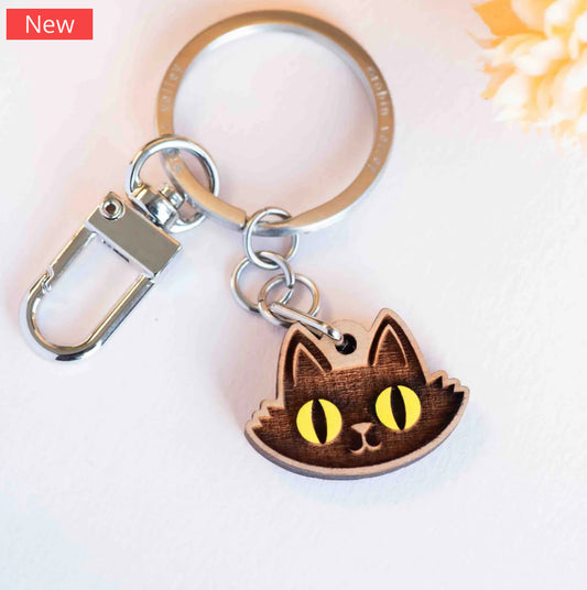 Hand-painted Black Cat Head Wooden Keyring