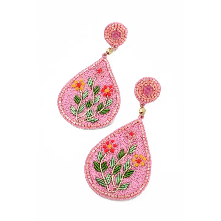 Pink Embroidery Folk Floral Teardrop Earrings