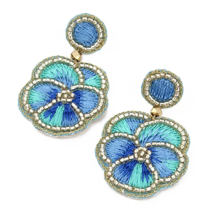 Blue Pansy Drop Beaded Earrings