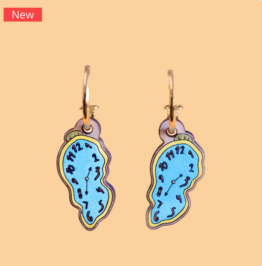 Hand-Painted Cherry Wood Melting Clock Art Hoop Earrings