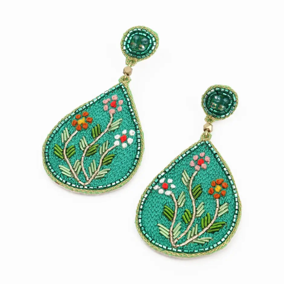 Blue Embroidery Folk Floral Teardrop Earrings