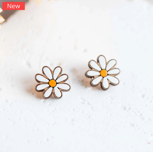 Hand-painted Daisy Flower Wooden Stud Earrings