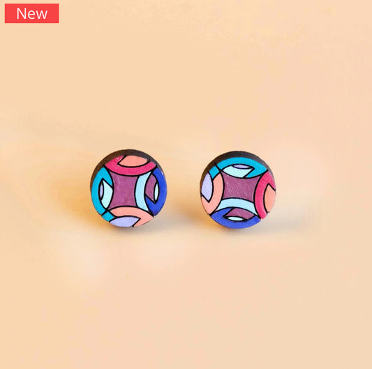 Hand-painted Geometric Pattern Cherry Wood Stud Earrings