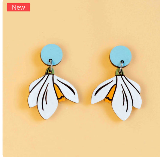 Hand-Painted Snow Drop Dangling Wooden Earrings