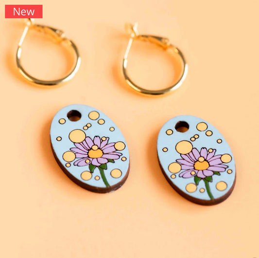 Hand-painted Daisy and Pollen Wooden Hoop Earrings