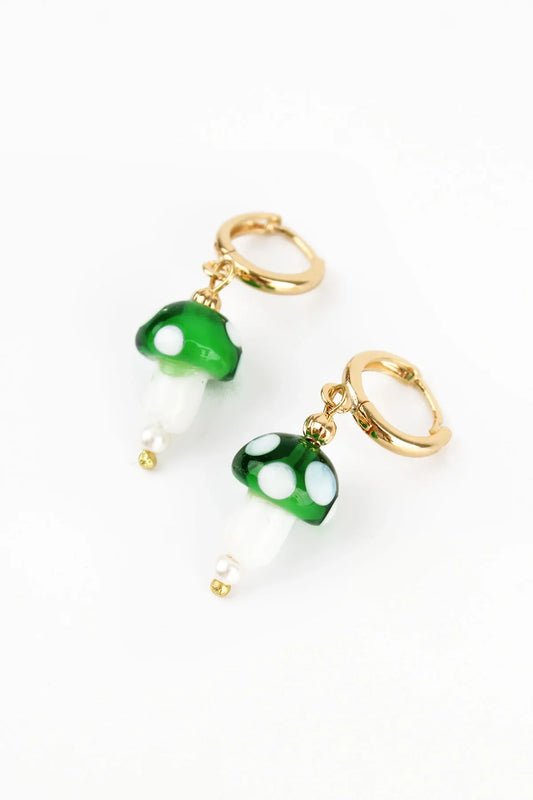 Green Glass Mushroom Huggie Hoop Earrings