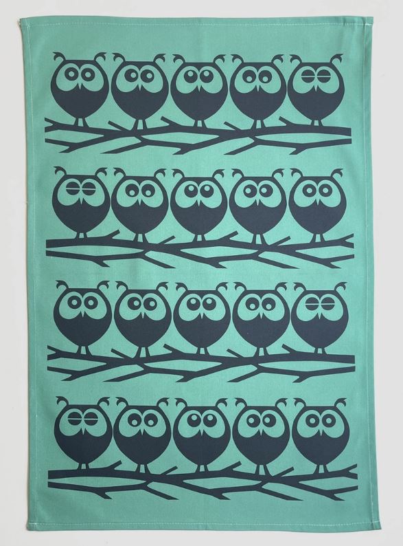 Hornsea Owls on a Branch Tea Towel Teal