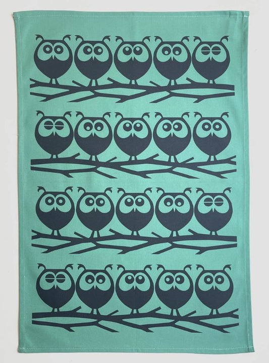 Hornsea Owls on a Branch Tea Towel Teal