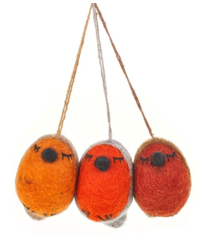Handmade Whimsical Winter Robins (Set of 3) Hanging Biodegradable Christmas Tree Decorations