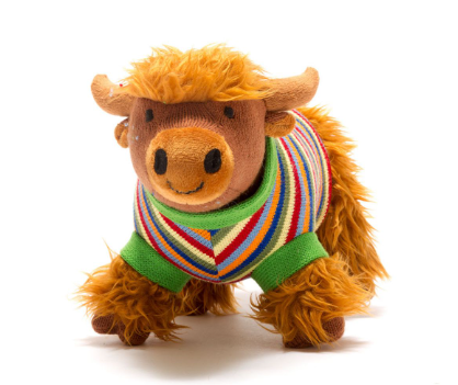 Knitted Highland Cow Soft Toy with Stripe Jumper
