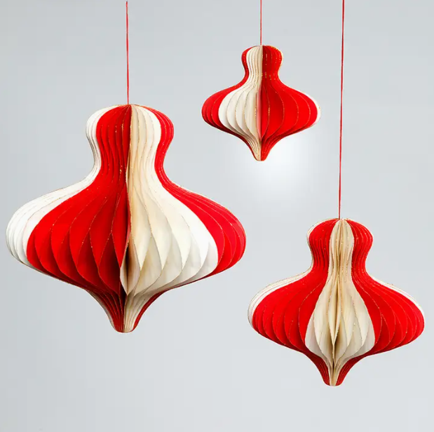 Hanging Two-Tone Chandelier Decoration Red and White - Honeycomb Festive Paper Ornament