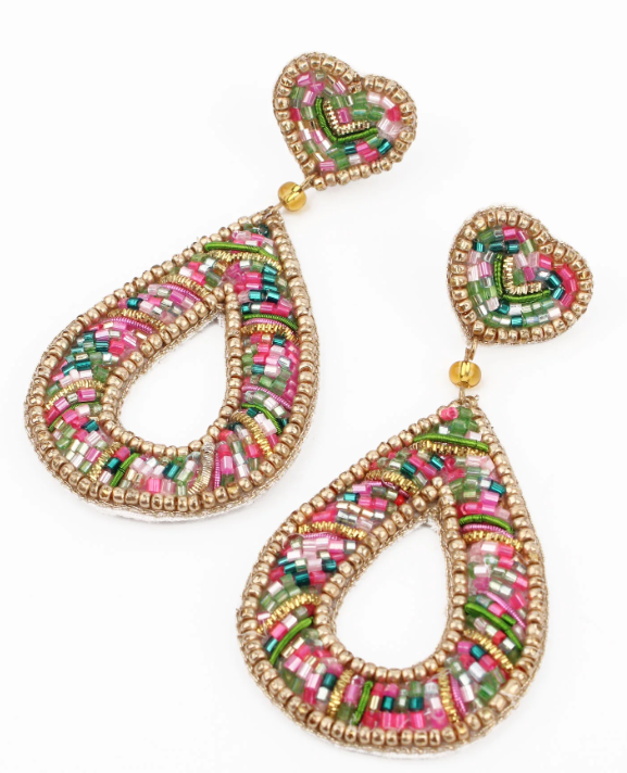 Rainbow Teardrop Heart Beaded Earrings
