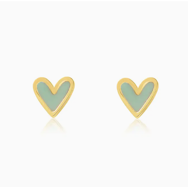 Mini Heart Stud Earrings with Mint Enamel - Gold Plated