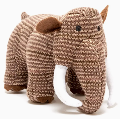 Knitted Mammoth Baby Rattle in Brown Stripes