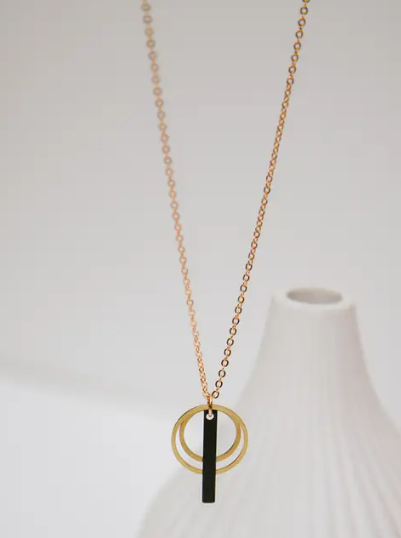 Black & Gold Double Circle Geometric Pendant Necklace