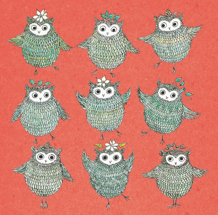 Festive Owls Dancing Greetings Card