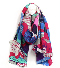 Load image into Gallery viewer, POM Bamboo Viscose Pink and Blue Mix Tropical Flower Print Scarf
