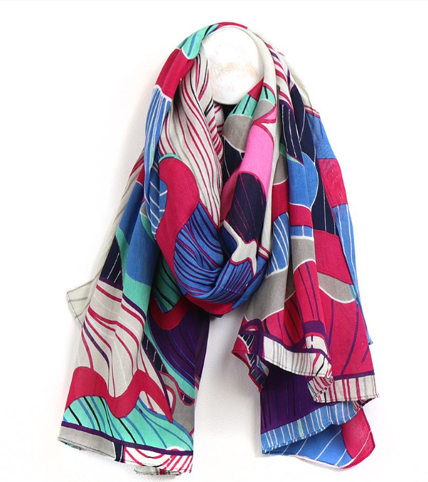 POM Bamboo Viscose Pink and Blue Mix Tropical Flower Print Scarf