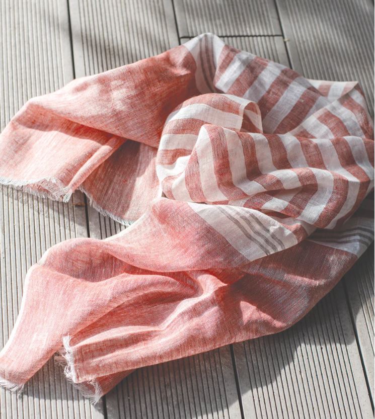 Hand Loomed Linen Scarf Coral Red Stripes