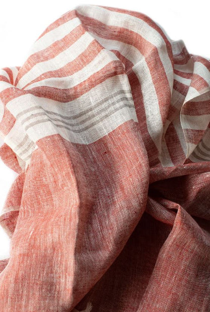 Hand Loomed Linen Scarf Coral Red Stripes