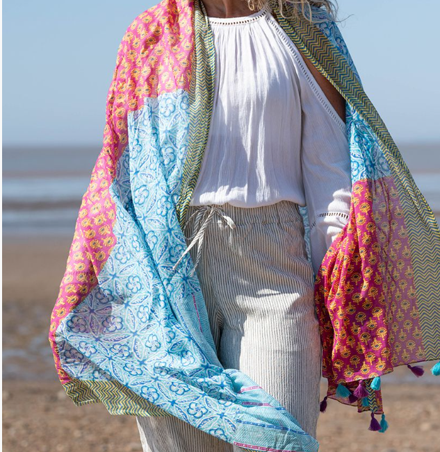 POM Cotton Multi Block Print Scarf in Blue, Red and Green