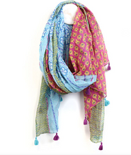 Load image into Gallery viewer, POM Cotton Multi Block Print Scarf in Blue, Red and Green
