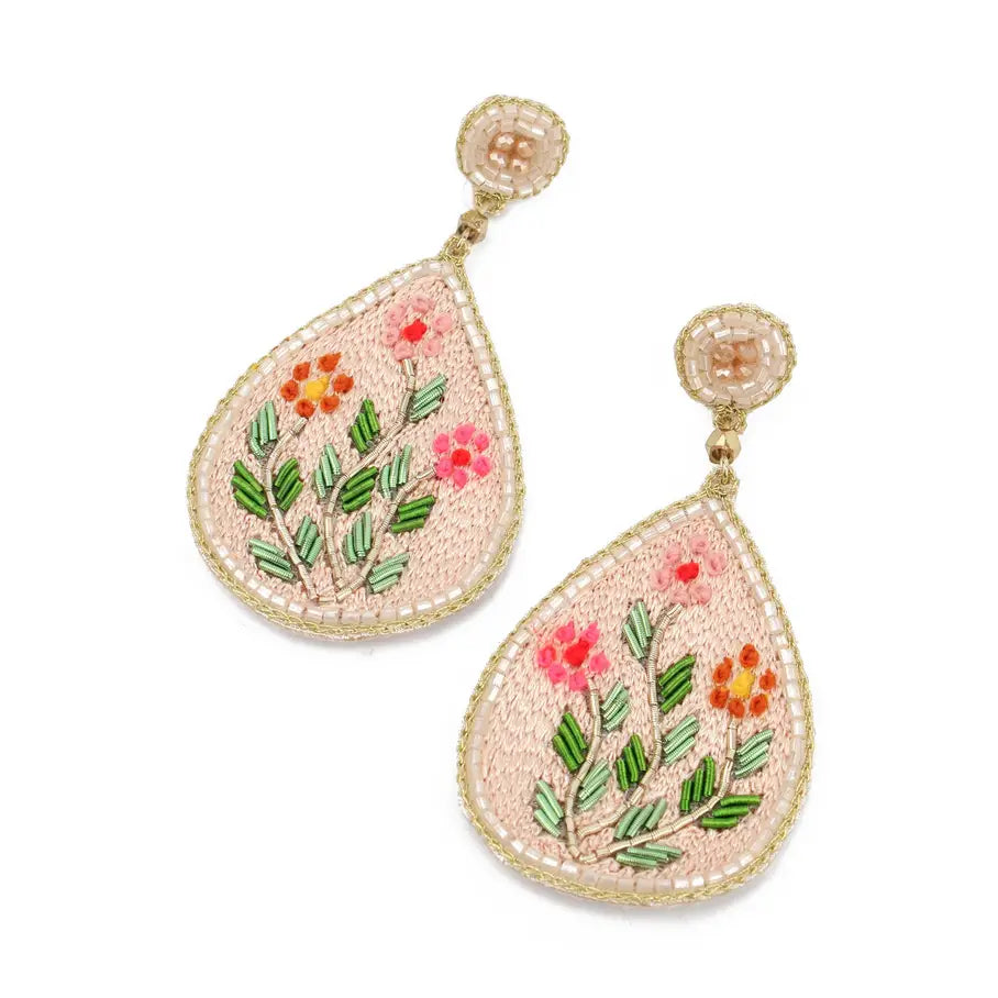 Cream Embroidery Folk Floral Teardrop Earrings