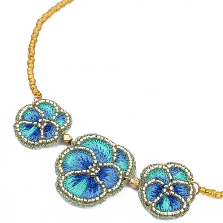 Blue Pansy Beaded Necklace