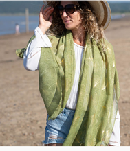 Load image into Gallery viewer, POM Recycled Green and Metallic Gold Ginkgo Print Scarf
