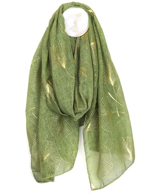 POM Recycled Green and Metallic Gold Ginkgo Print Scarf