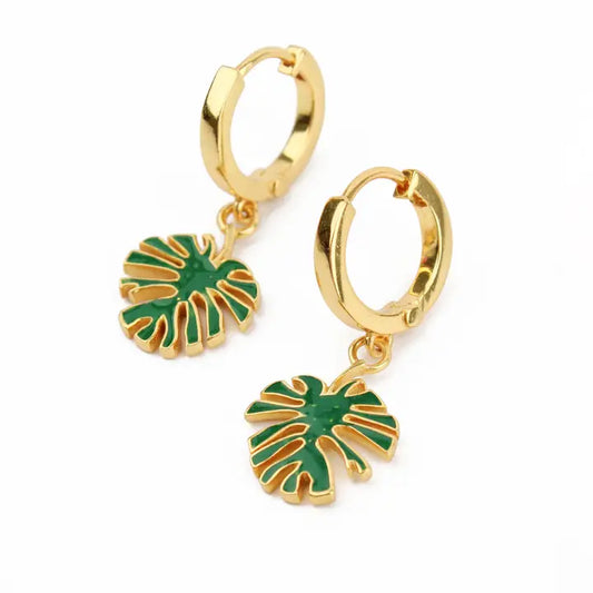 Green Monstera Leaf Huggie Hoop Earrings