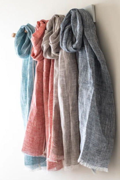 Hand Loomed Linen Scarf Coral Red Plain