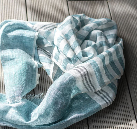 Hand Loomed Linen Scarf Sand Sea Blue Stripes