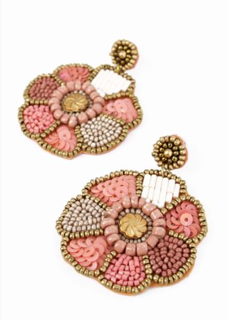 Soft Pink and Gold Flower Beaded Earrings