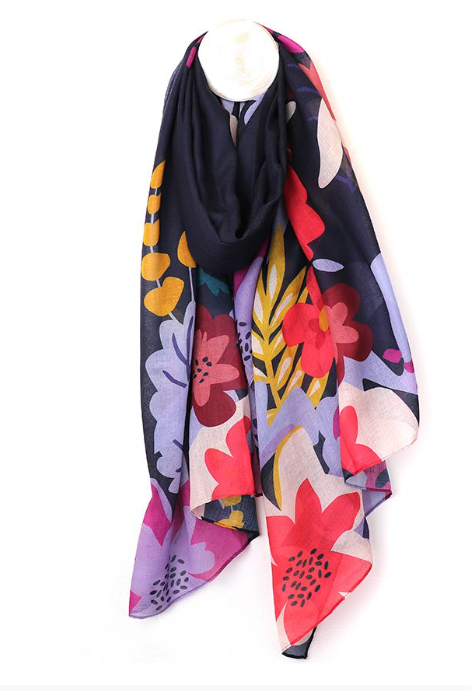 POM Navy Blue Recycled Scarf with Tropical Print Edge
