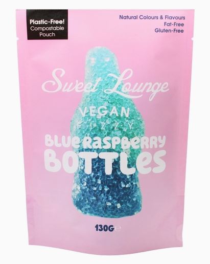 Vegan Fizzy Blue Raspberry Bottles (Plastic-free) 130g