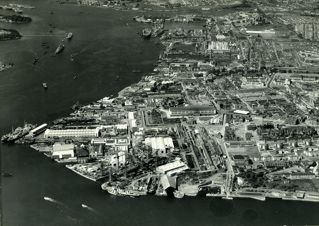 Black and white aerial view of Plymouth
