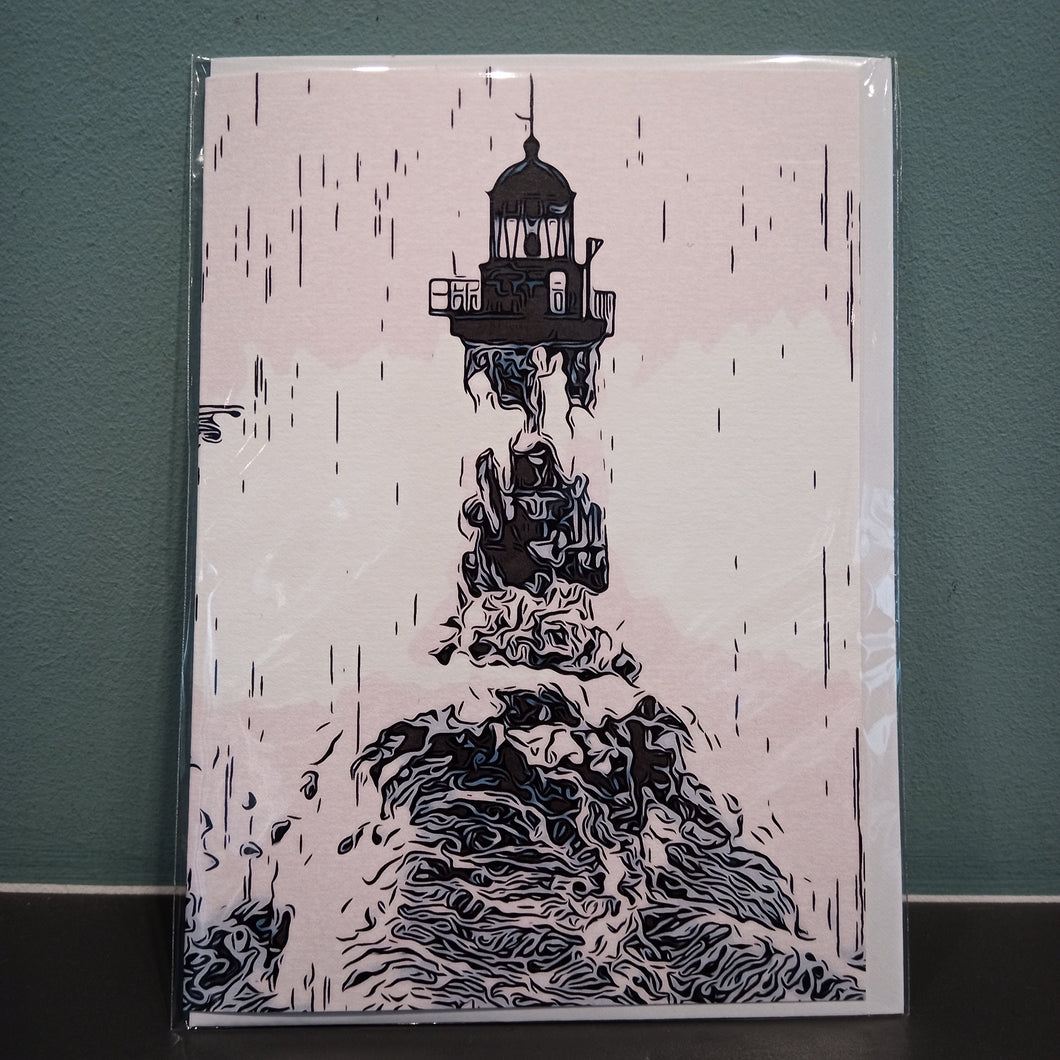 Pink and White Backed Lighthouse Card by Matt Kavanagh