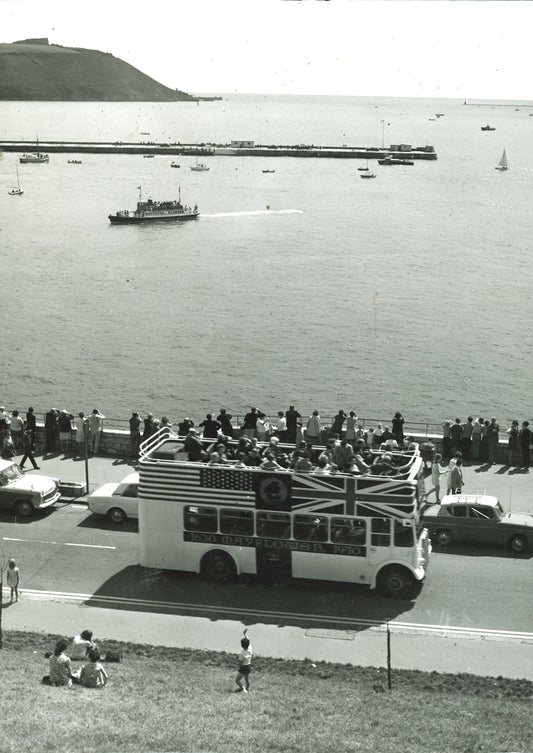 Open-topped bus on Plymouth Hoe during Mayflower 1970, Print