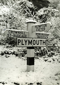 Snow covered signpost on Plymbridge Road in the 1950s